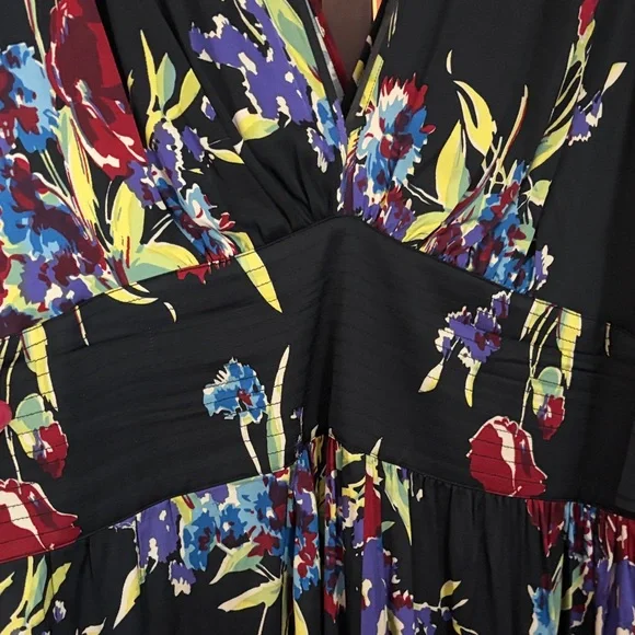 Black Floral V-Neck Maxi Dress with Bold Multicolor Print - Picture 3 of 4